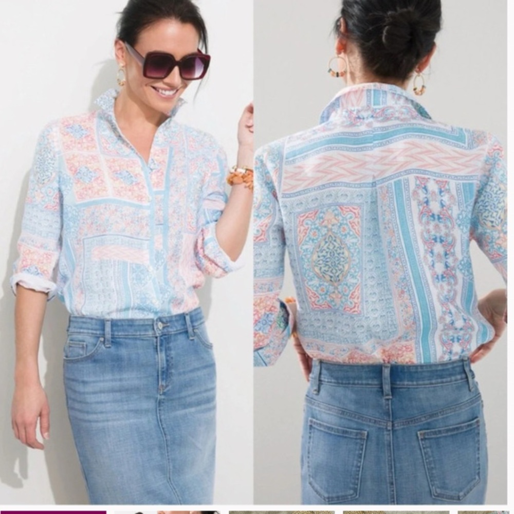 Chico's No Iron 100% Linen Coastal Tile Button Down Shirt Top Multicolor Boho